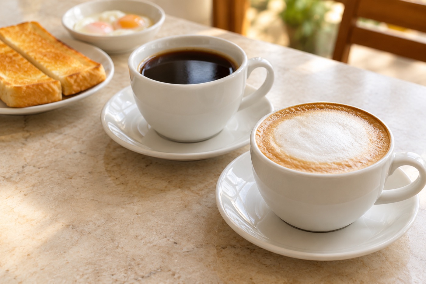 Illustrative breakfast setting with an Americano, cappuccino, toast and soft-boiled eggs